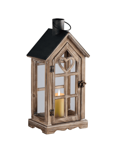 Lanterne en bois blanchi et coeurs ajourés