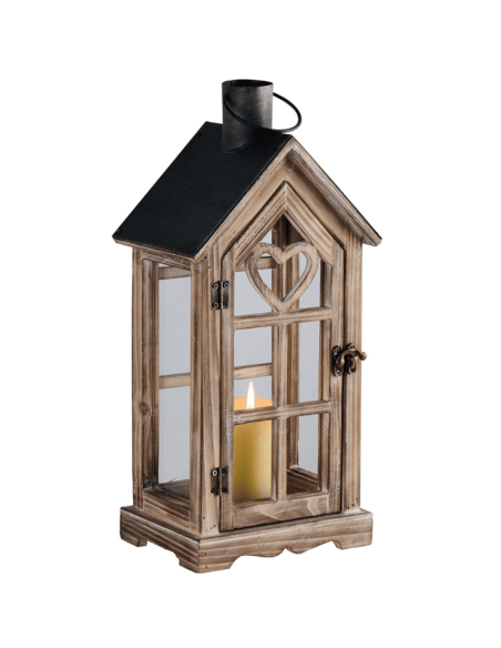 Lanterne en bois blanchi et coeurs ajourés