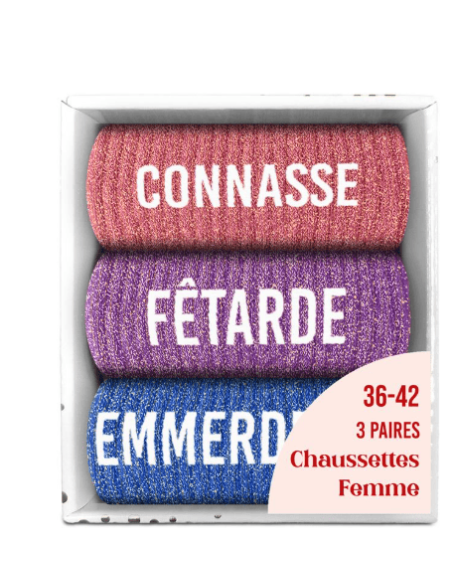 Coffret trio chaussettes paillettes CONNASSE FETARDE EMMERDEUSE