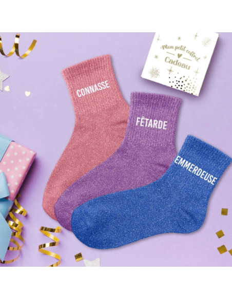 Coffret trio chaussettes paillettes CONNASSE FETARDE EMMERDEUSE
