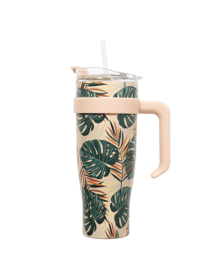 Mug de transport XXL MIAMI beige fleurs tropicales 1.2l 2