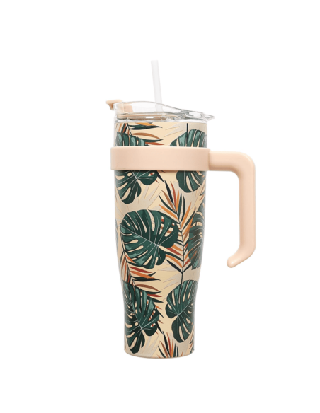 Mug de transport XXL MIAMI beige fleurs tropicales 1.2l