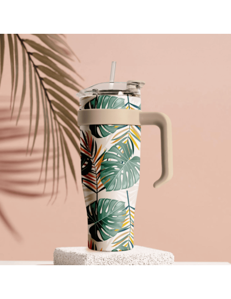 Mug de transport XXL MIAMI beige fleurs tropicales 1.2l