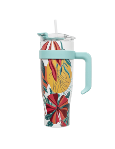 Mug de transport XXL Miami Bleu fleurs tropicales 1.2l 2