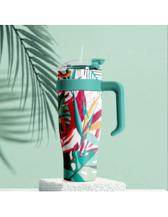 Mug de transport XXL Miami Bleu fleurs tropicales 1.2l
