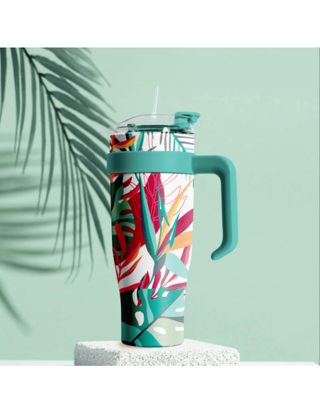 Mug de transport XXL Miami Bleu fleurs tropicales 1.2l