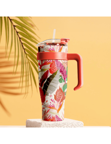 Mug de transport XXL Miami Orange fleurs tropicales 1.2l