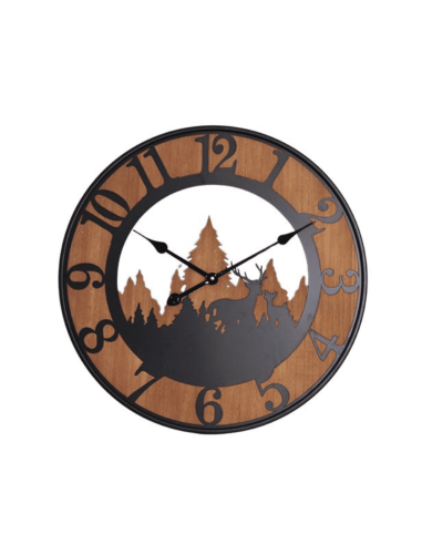 Horloge Murale Bois & Métal Noir 60 cm – Montagne & Cerf