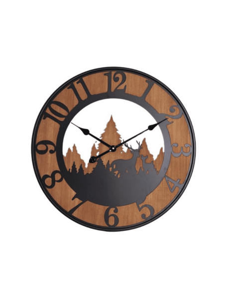 Horloge Murale Bois & Métal Noir 60 cm – Montagne & Cerf