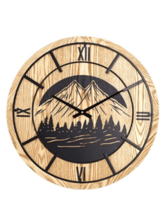 Horloge Murale en Bois Naturel avec Motif Montagne - Ø60cm