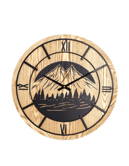 Horloge Murale en Bois Naturel avec Motif Montagne - Ø60cm