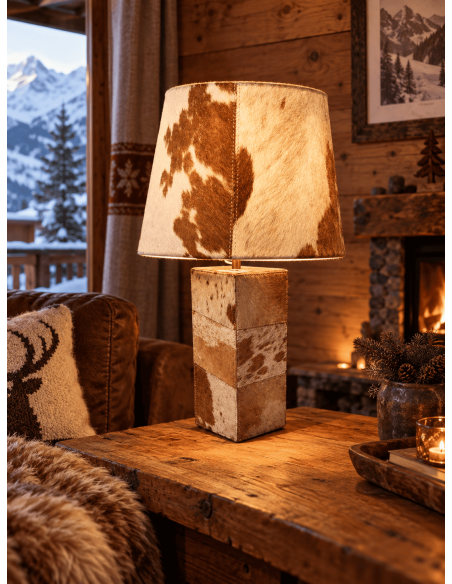 Pied de lampe en PEAU DE VACHE marron et blanc