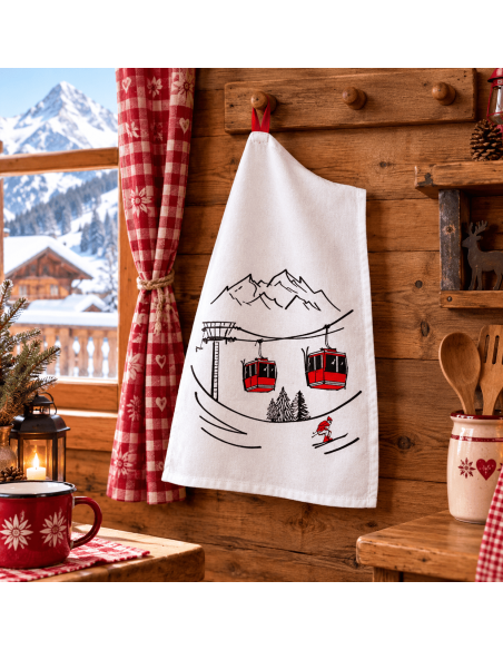 Torchon AVENTURE en coton – Motif télécabine et skieur