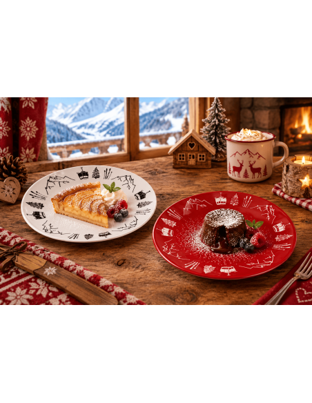 Assiettes à dessert chalet de montagne rouge et blanc