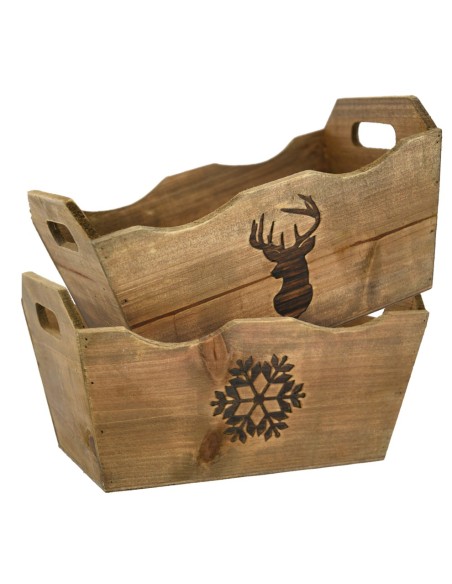 Corbeille en bois  décor FLOCON OU CERF  30.5 X 19.5 X HT15.5 CM