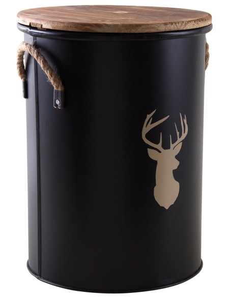 Tabouret réserve à pellets métal et bois décor CERF 