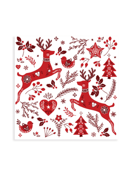 20 Serviettes en papiers Cerfs, Cœurs et Sapins rouges
