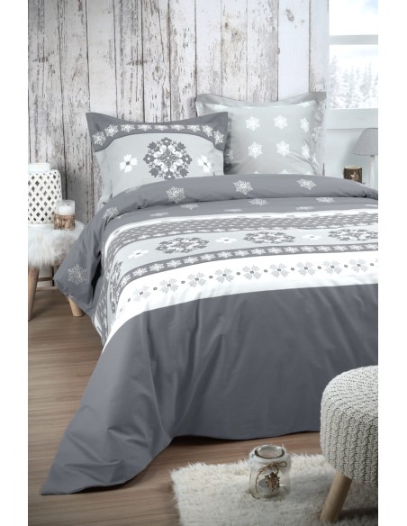 Housse de couette + 2 taies flocon MALLEVAL GRIS 240x220 cm