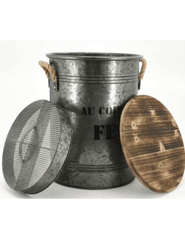 Seau réserve à pellets métal et bois "Au coin...