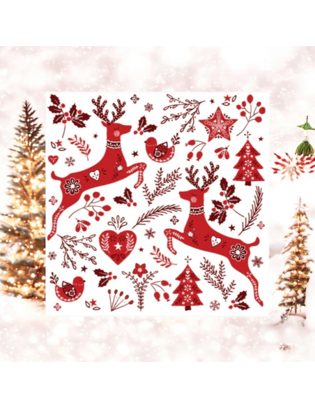 20 Serviettes en papiers Cerfs, Cœurs et Sapins rouges