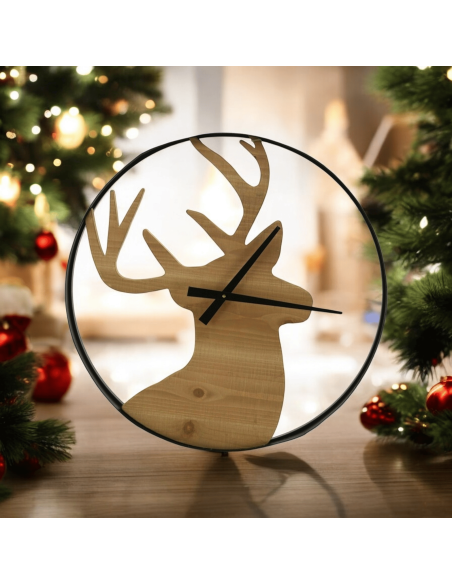 Horloge bois et métal décor CERF diamètre 60 cm