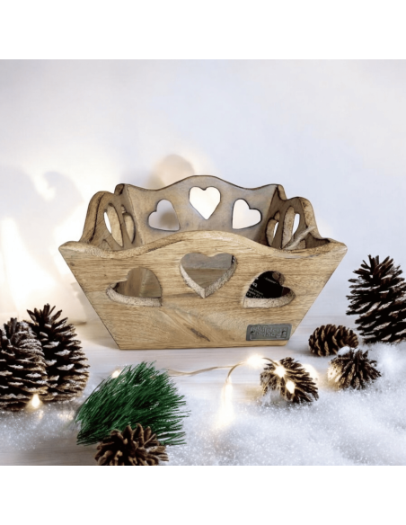 Corbeille à pain carrée en bois coeurs découpés