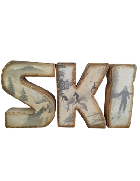Lettres découpées "SKI" en bois avec photos SKIEURS