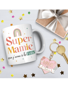 Coffret Cadeau Mug Et Porte-Clés 'Mamie Chérie' – Céramique Blanche Avec Message – Idée Cadeau Affectif