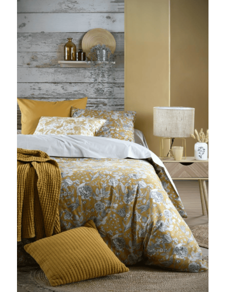 Housse de couette + 2 taies en percale de coton Jacinthe moutarde 240 x 220 cm
