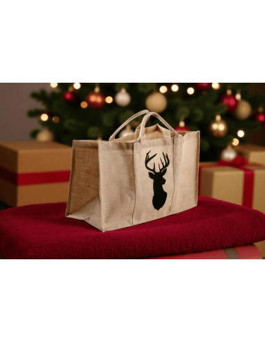 Sac à bûches jute  décor CERF 60 X 40 X 30 CM