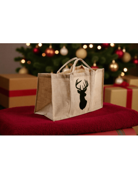 Sac à bûches jute  décor CERF 60 X 40 X 30 CM